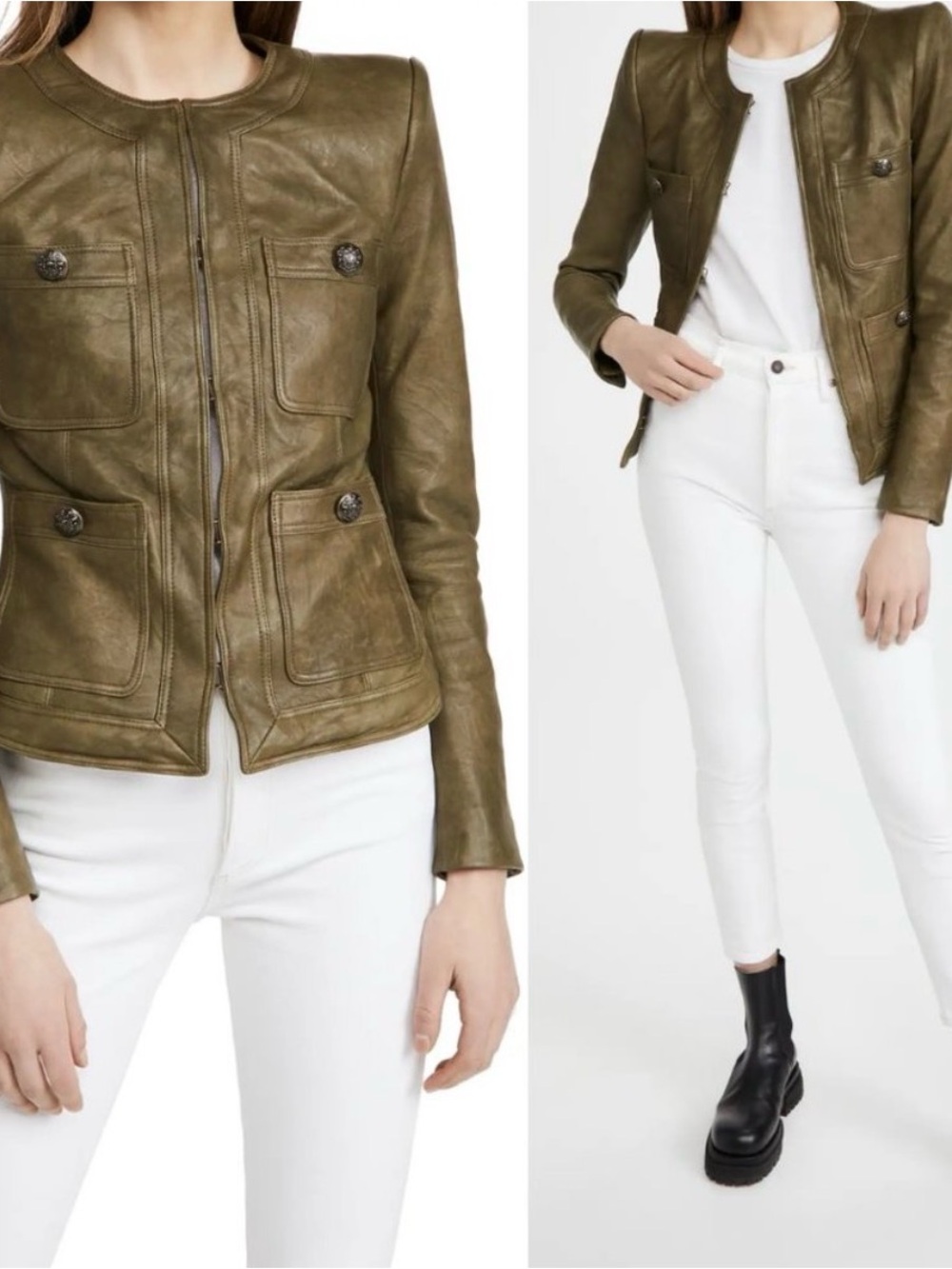 Veronica Beard Shanti Lamb Leather Jacket in Olive Green